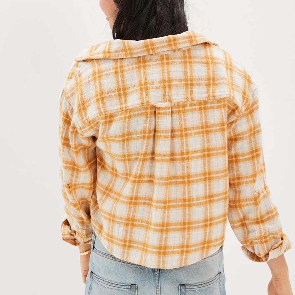 American Eagle Cropped Flannel Plaid Button Down Long Sleeve Cotton Yellow Cream - Picture 8 of 10